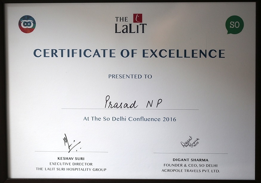So Delhi Conflunce blogger certificate