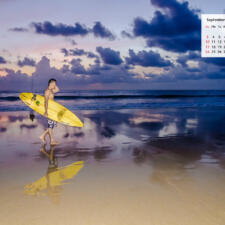 September 2017 Calendar Desktop Wallpaper - Surfer on A Bali Beach